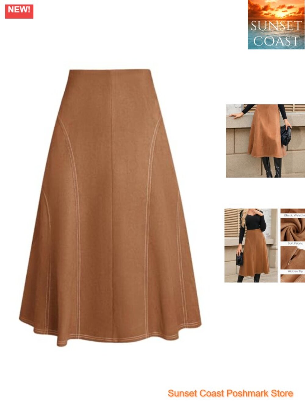 Faux Suede Midi Skirt High Waist A-Line Fall Winter Womens